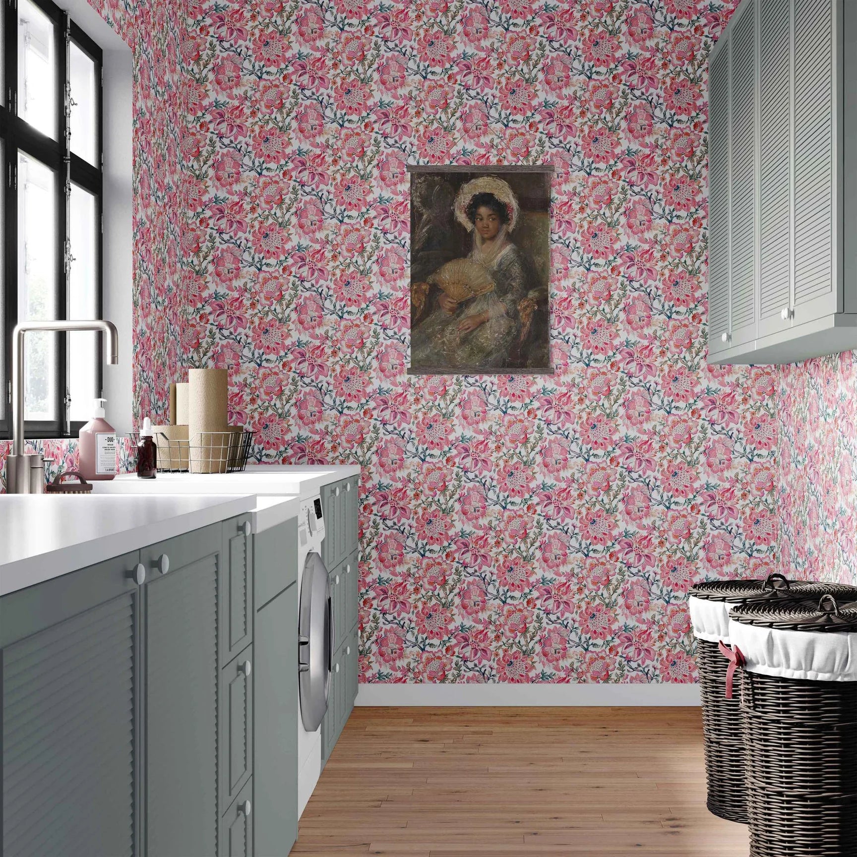 A bright laundry room with pink paisley wallpaper