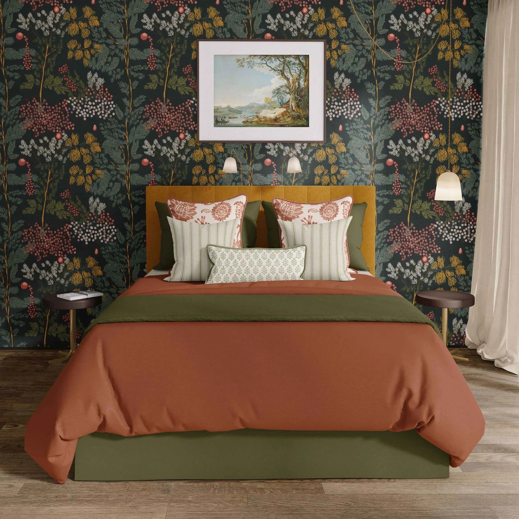 A cosy bedroom with dark floral wallpaper