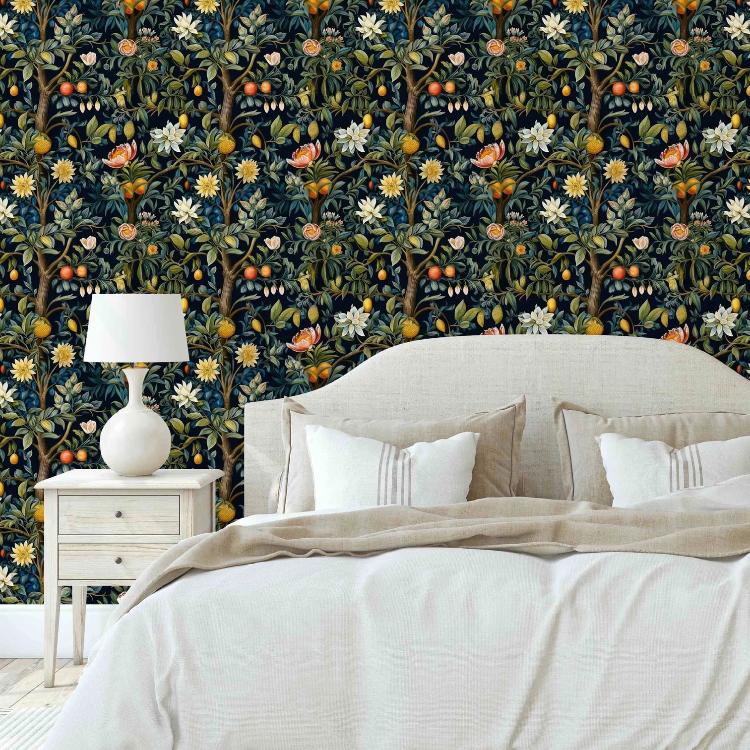 Multicolor wallpaper with a tropical pattern of foliage and fruits