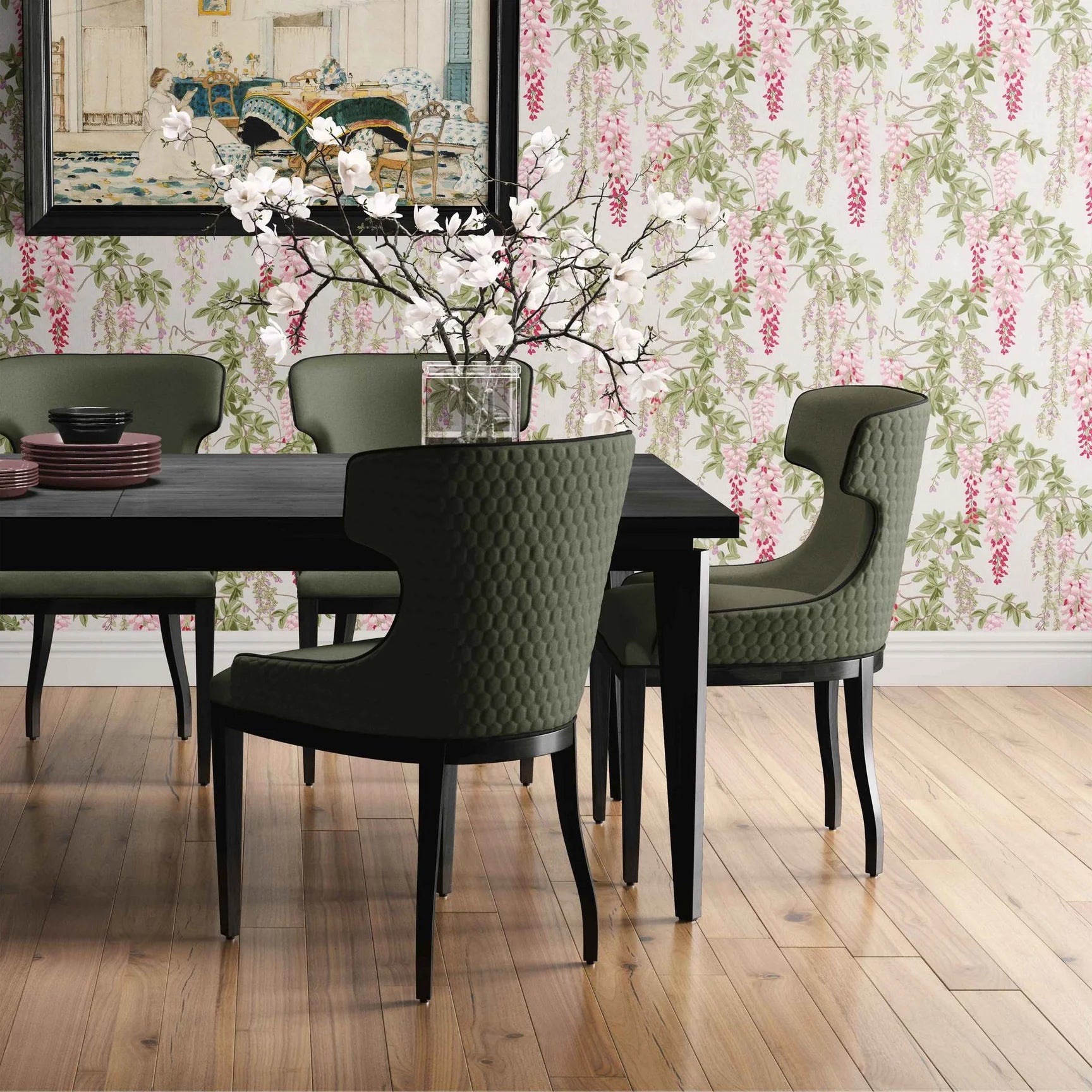 Modern dining room with soft floral wallpaper