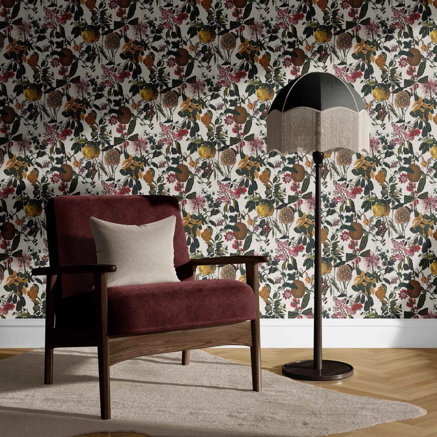Dark green wallpaper with hanging florals in pink