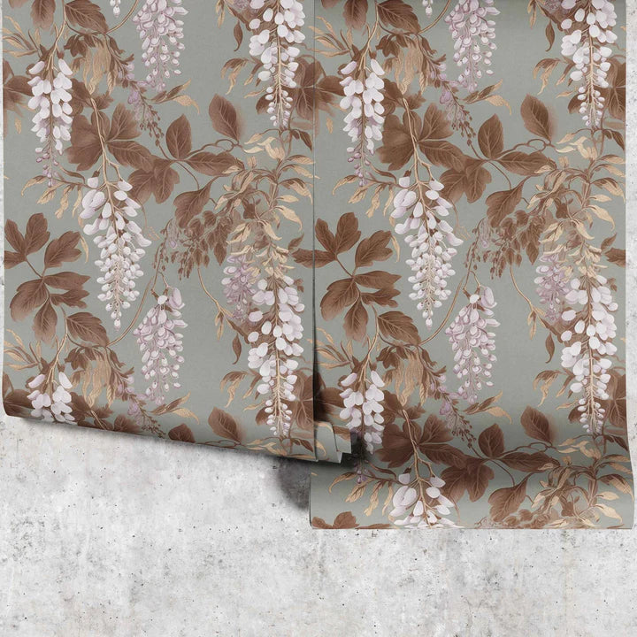 Floral wallpaper with drooping florals on a gray background