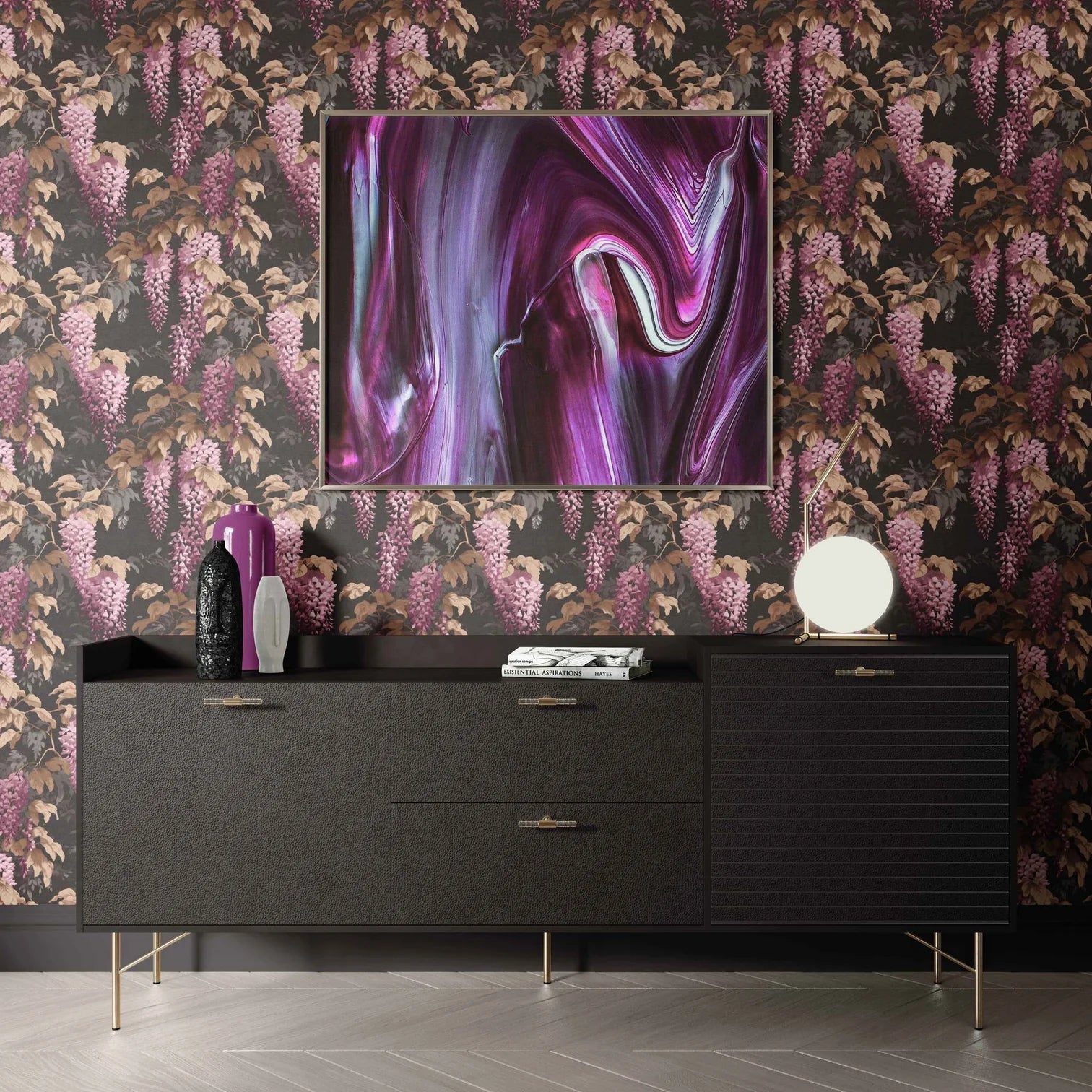 Dark moody wallpaper with florals and leaves