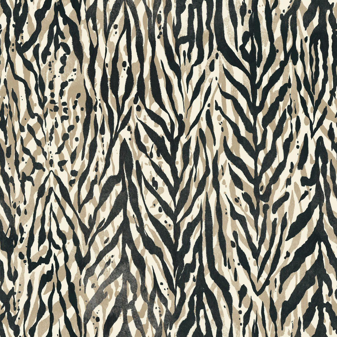 A black and tan abstract zebra print wallpaper pattern swatch