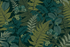 A swatch of a green fern leaf wallpaper with a dark green background