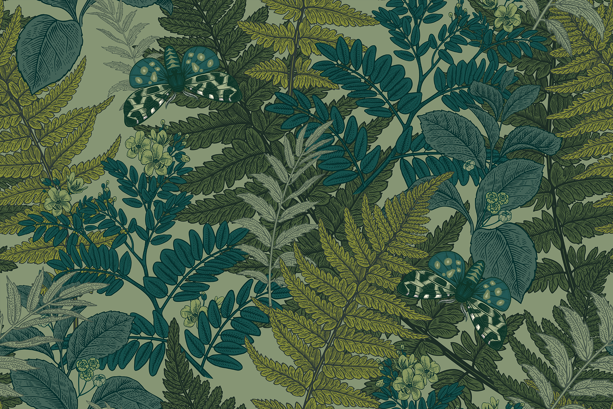 A swatch of a green fern leaf wallpaper with a light green background