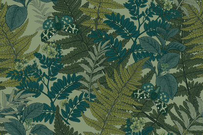 A swatch of a green fern leaf wallpaper with a light green background