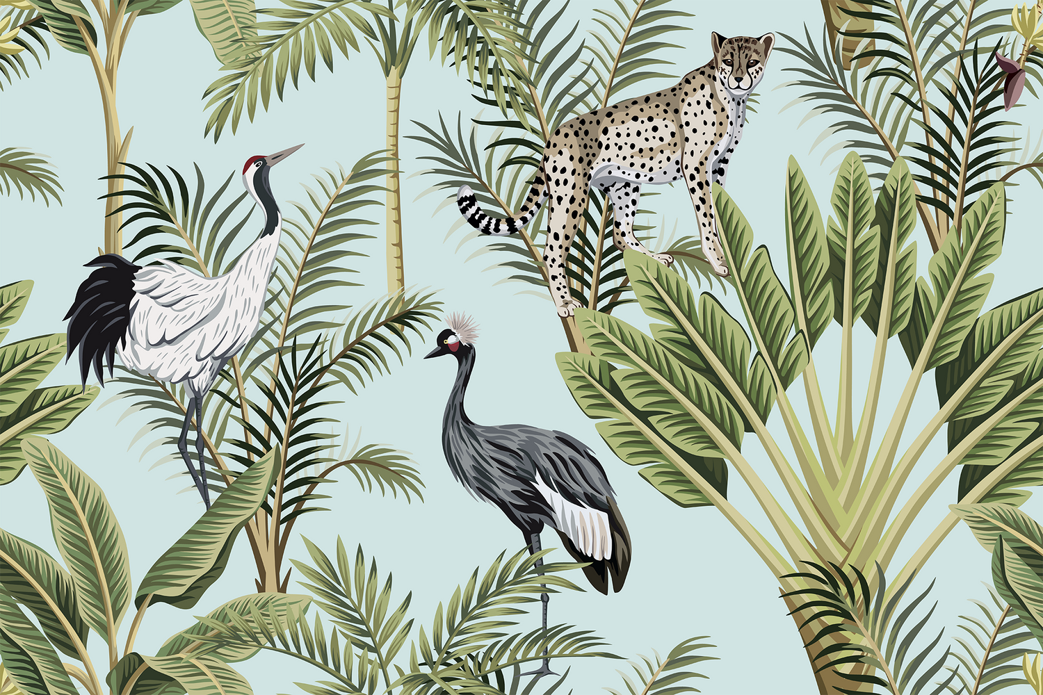 A swatch of Rainforest Animals wallpaper with a light blue background