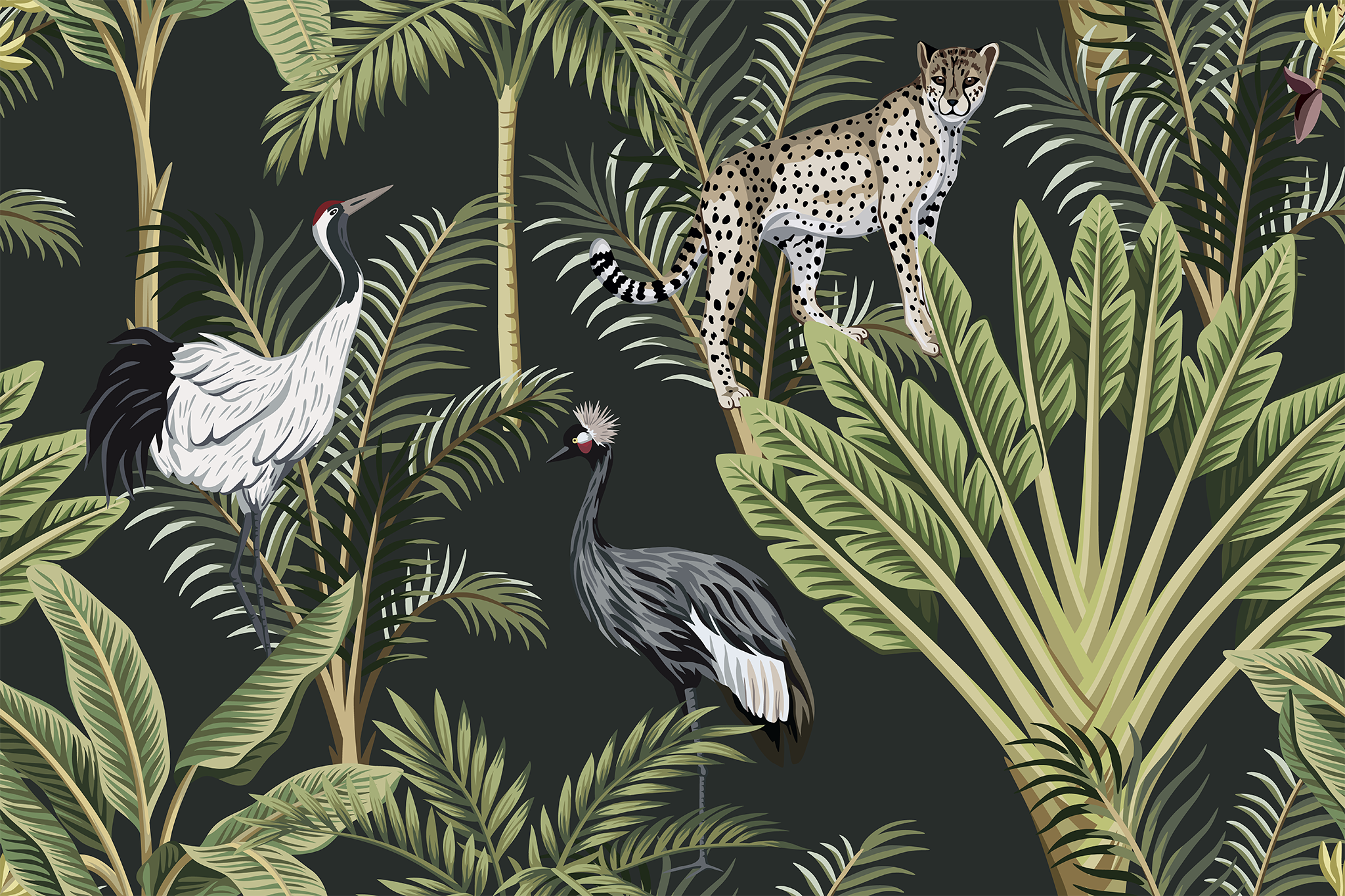 A swatch of Rainforest Animals wallpaper with a dark gray background