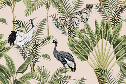 A swatch of Rainforest Animals wallpaper with a pink background