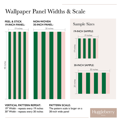 A diagram of the difference between pattern scale, sample size and panel width of 19&quot; and 30&quot; wallpaper