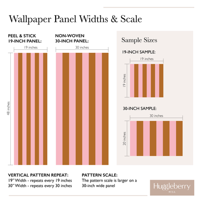 A diagram of the difference between pattern scale, sample size and panel width of 19&quot; and 30&quot; wallpaper