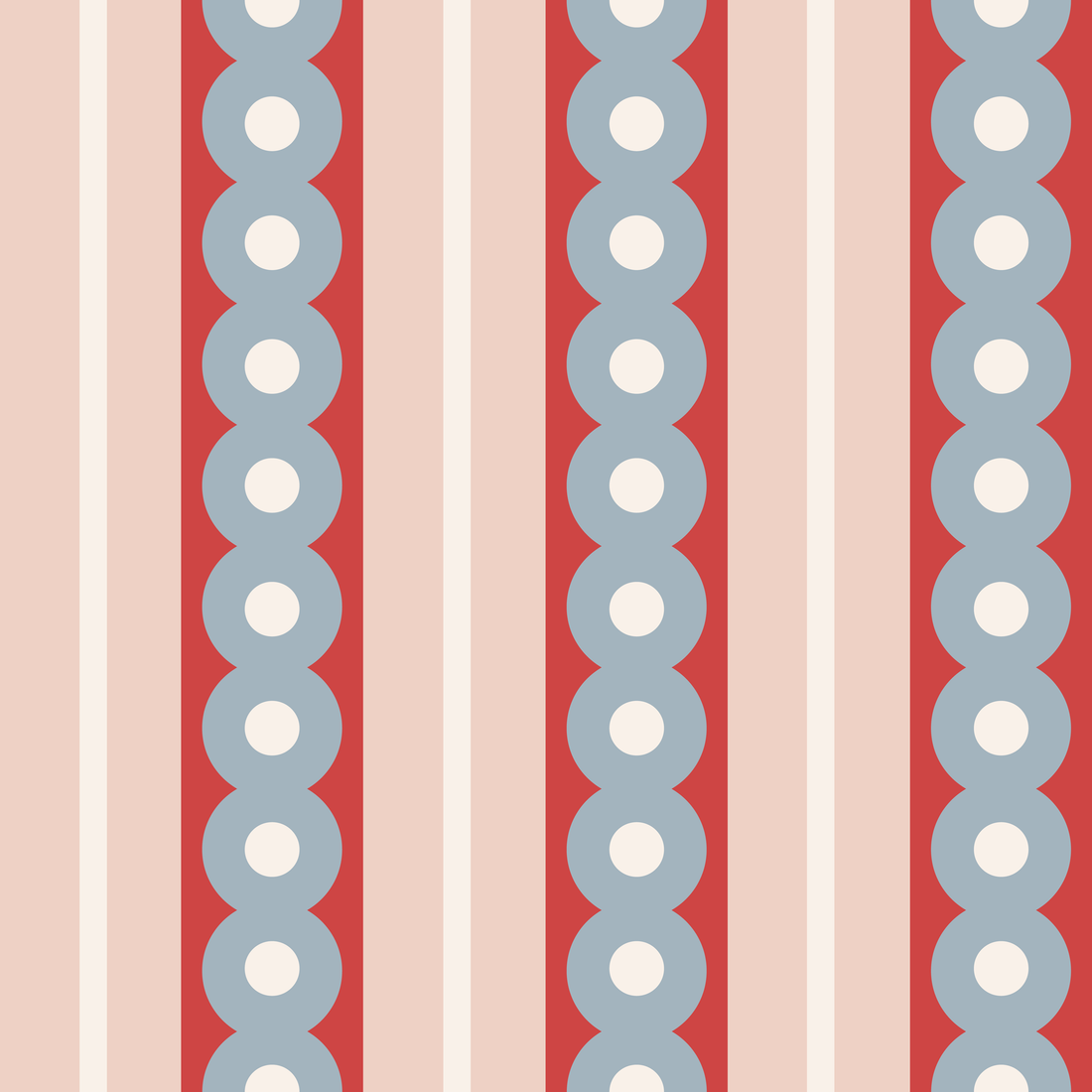 A swatch of midcentury wide stripe wallpaper in gray, red and pink