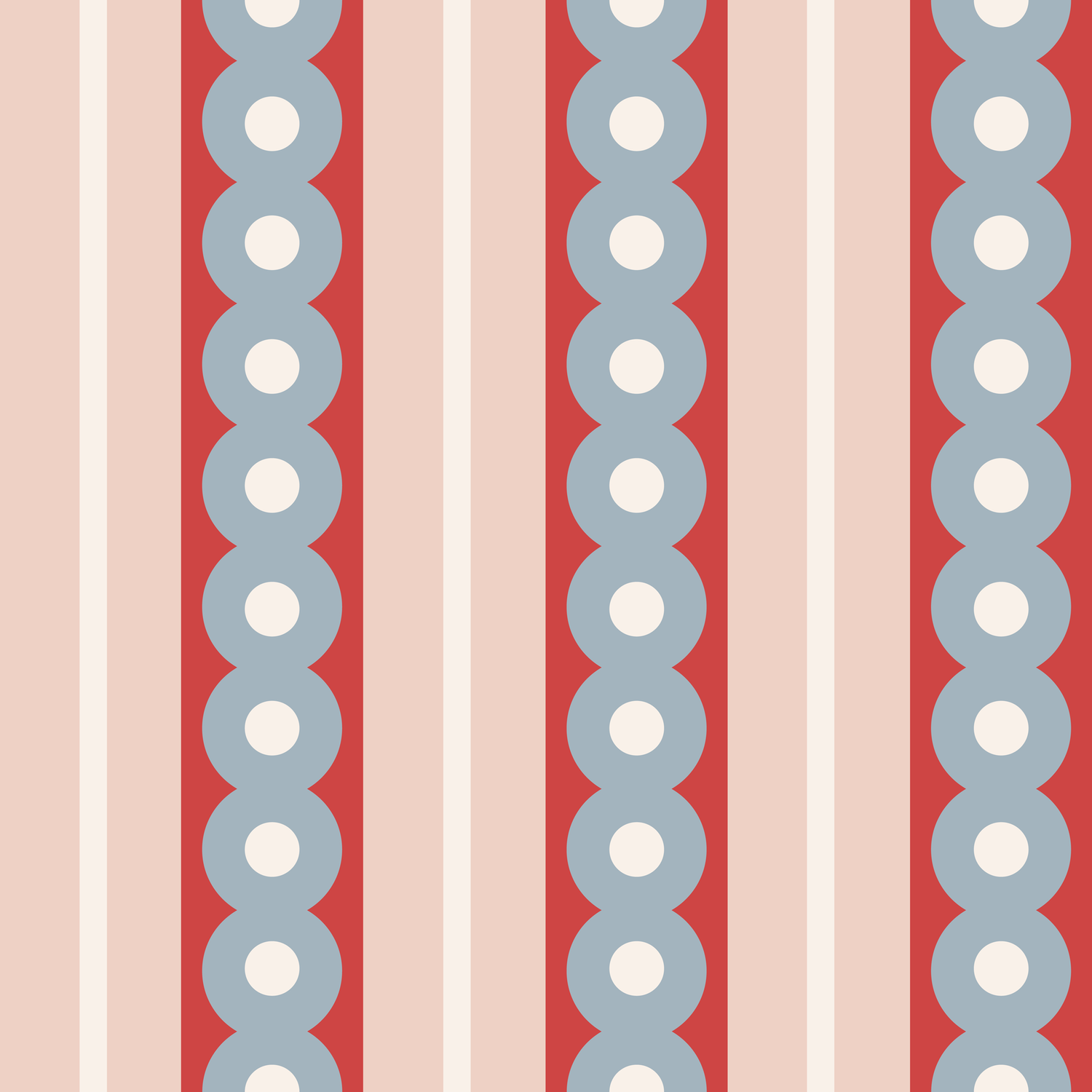 A swatch of midcentury wide stripe wallpaper in gray, red and pink