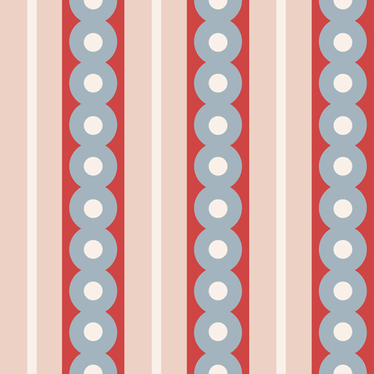 A swatch of midcentury wide stripe wallpaper in gray, red and pink