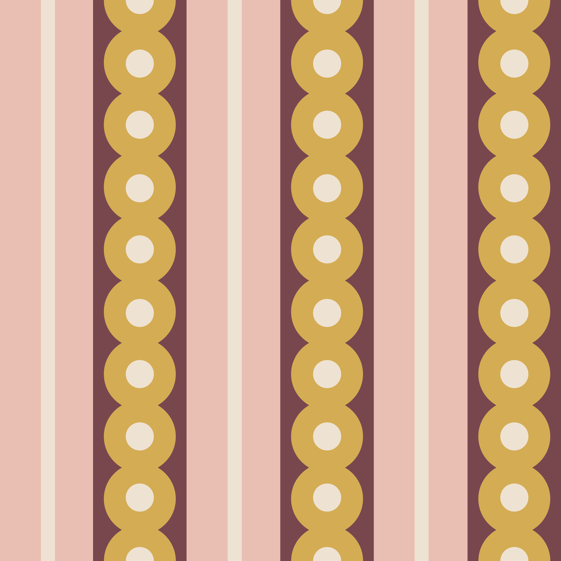 A swatch of midcentury wide stripe wallpaper in yellow, plum and pink