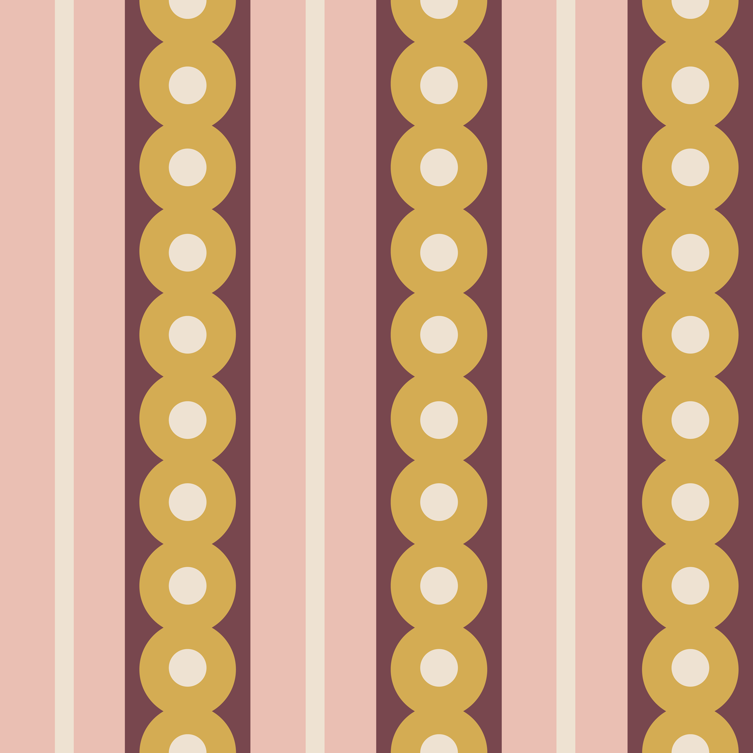 A swatch of midcentury wide stripe wallpaper in yellow, plum and pink