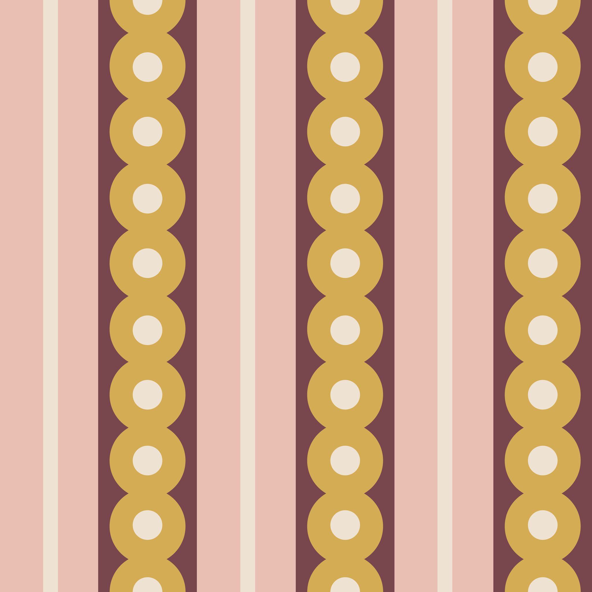 A swatch of midcentury wide stripe wallpaper in yellow, plum and pink