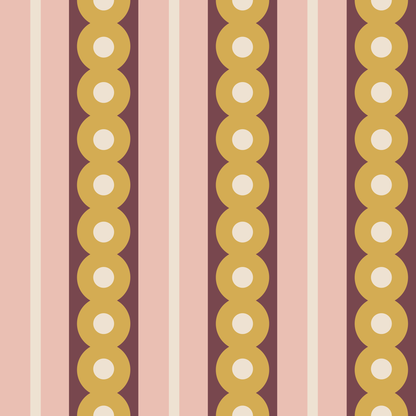 A swatch of midcentury wide stripe wallpaper in yellow, plum and pink