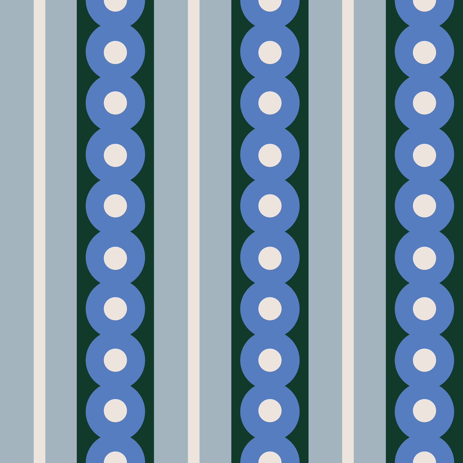 A swatch of a midcentury wide stripe wallpaper in blue and green