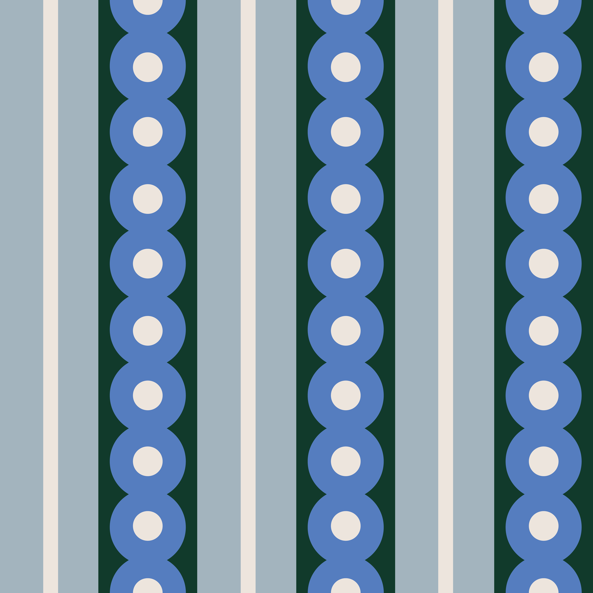 A swatch of a midcentury wide stripe wallpaper in blue and green