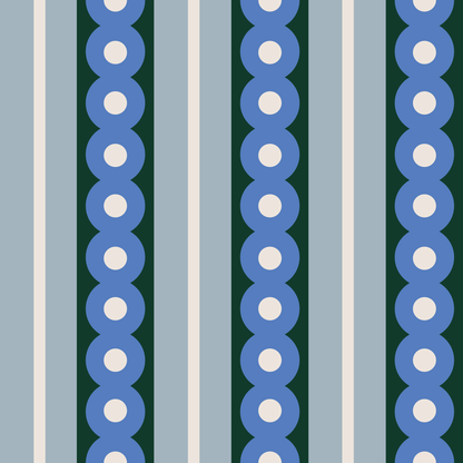 A swatch of a midcentury wide stripe wallpaper in blue and green