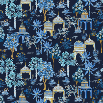 A swatch of Bali Jungle wallpaper in dark blue