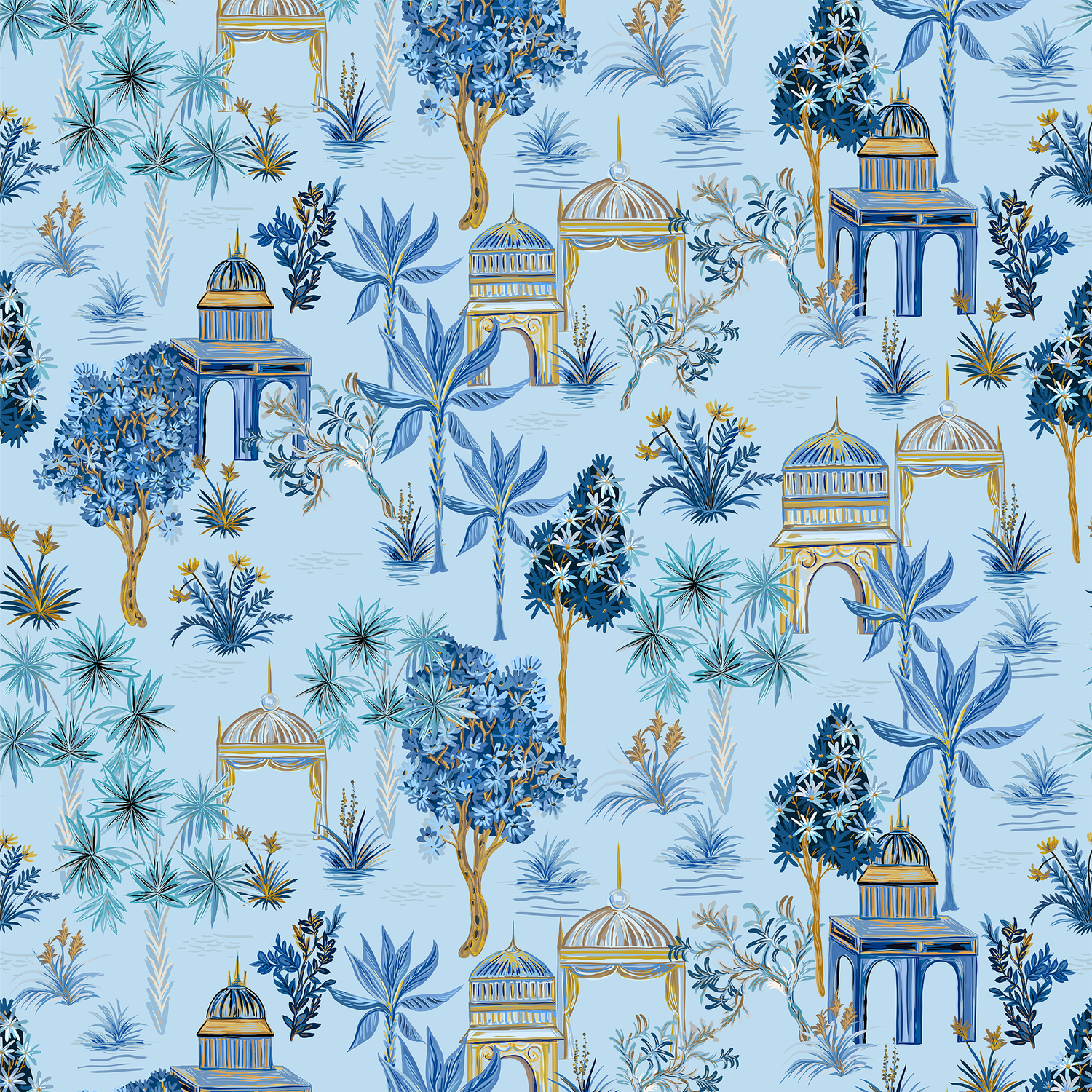 A swatch of Bali Jungle wallpaper in light blue