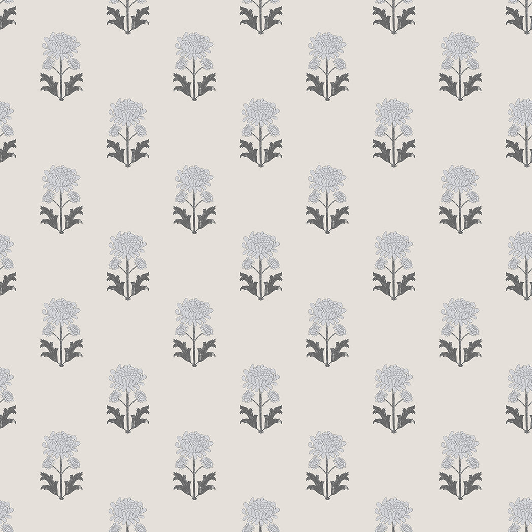 Pattern of stylized block print blue and gray flowers on a light off-white background
