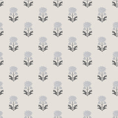 Pattern of stylized block print blue and gray flowers on a light off-white background