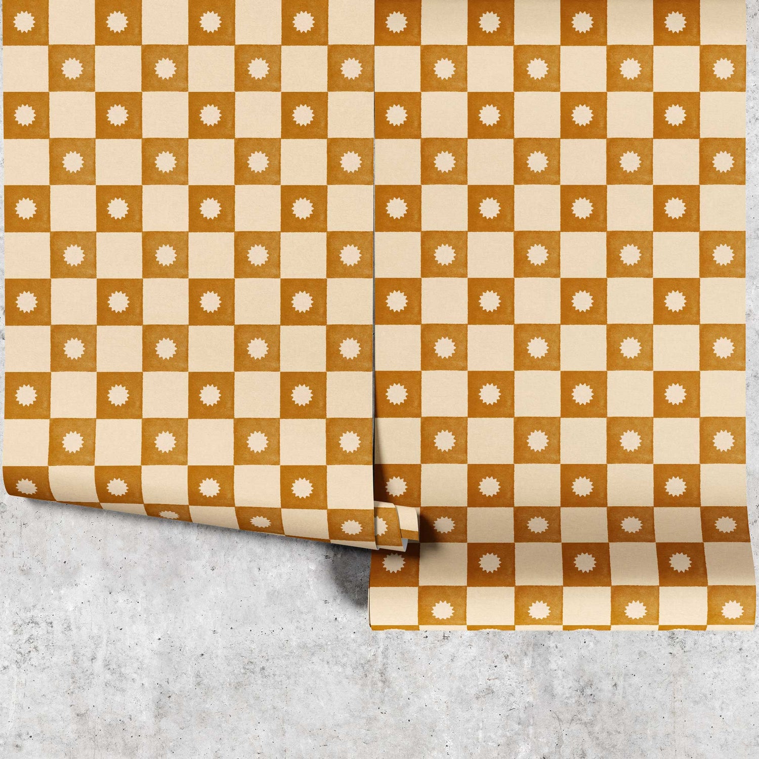 Huggleberry Hill Checkerboard Starburst Wallpaper Mustard Panels