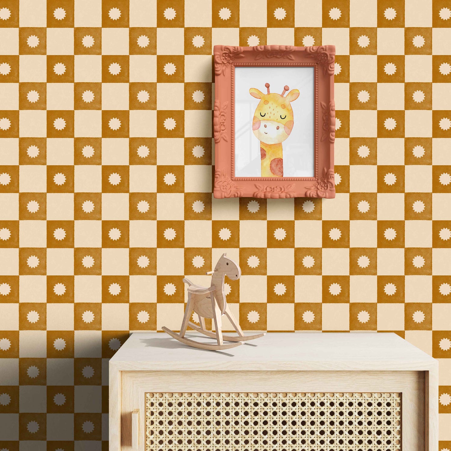 Huggleberry Hill Checkerboard Starburst Wallpaper Mustard Room