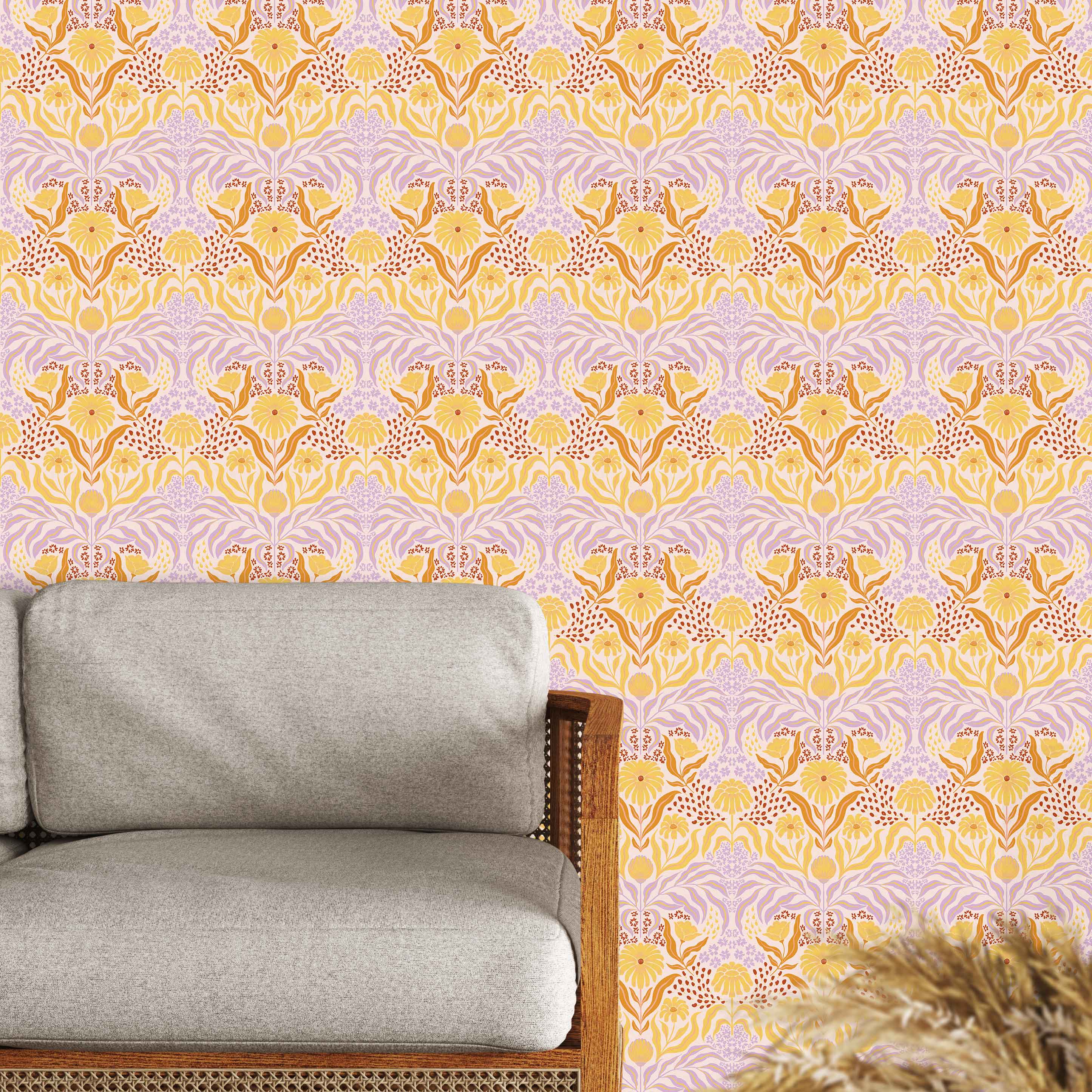 Huggleberry Hill Damask Dandelions Wallpaper Yellow Room