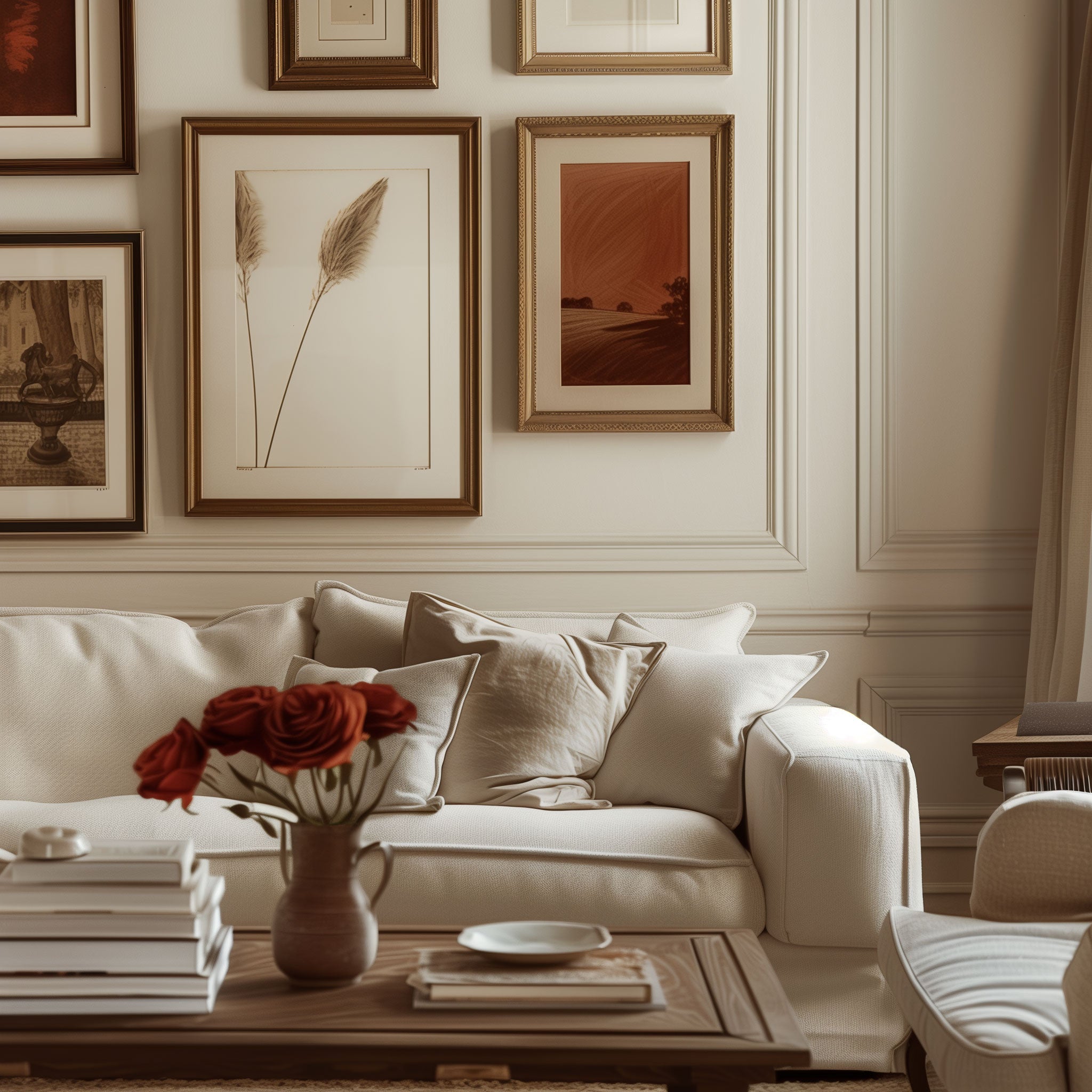 A traditional living room in soft hues with wall art behind the sofa