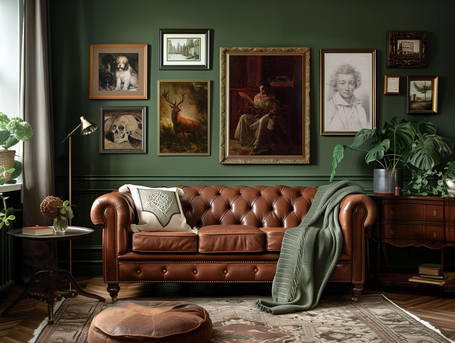 A green living room with antique furniture and an eclectic gallery wall behind the sofa