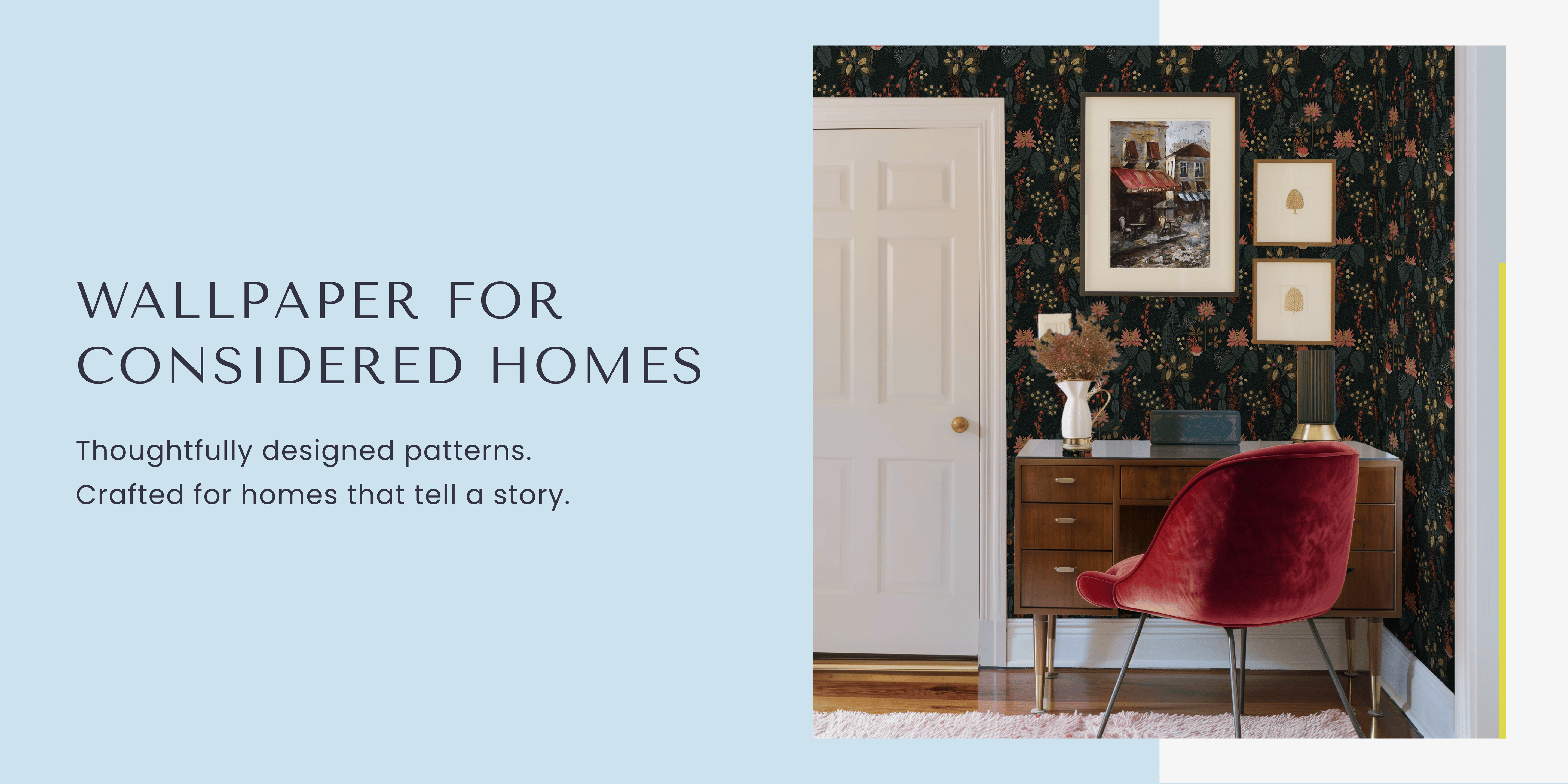 Room interior with floral wallpaper, desk, and red chair on a light blue background with text about wallpaper for homes.
