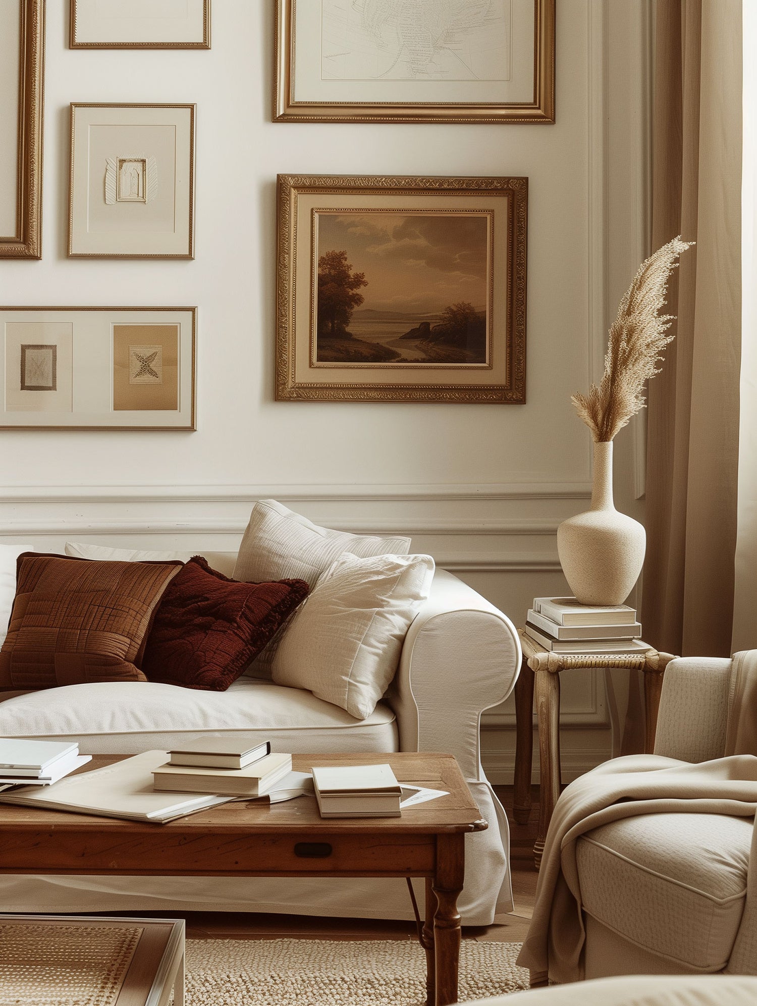 A gallery wall in a luxury mediterranean style living room, warm tones, calming atmosphere