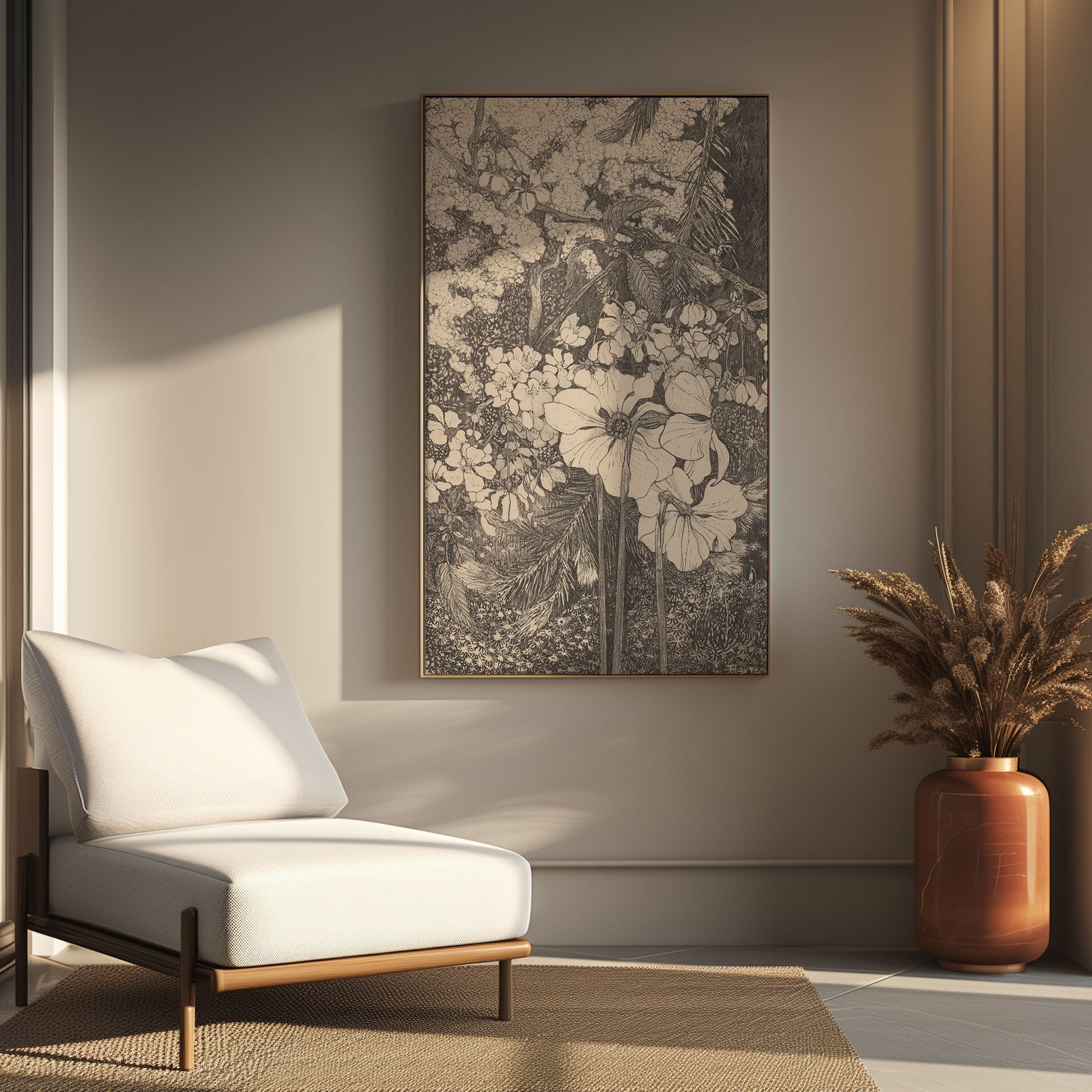 A modern sun room with a chair and vase and a canvas print on the wall. The afternoon sunlight is shining through the window