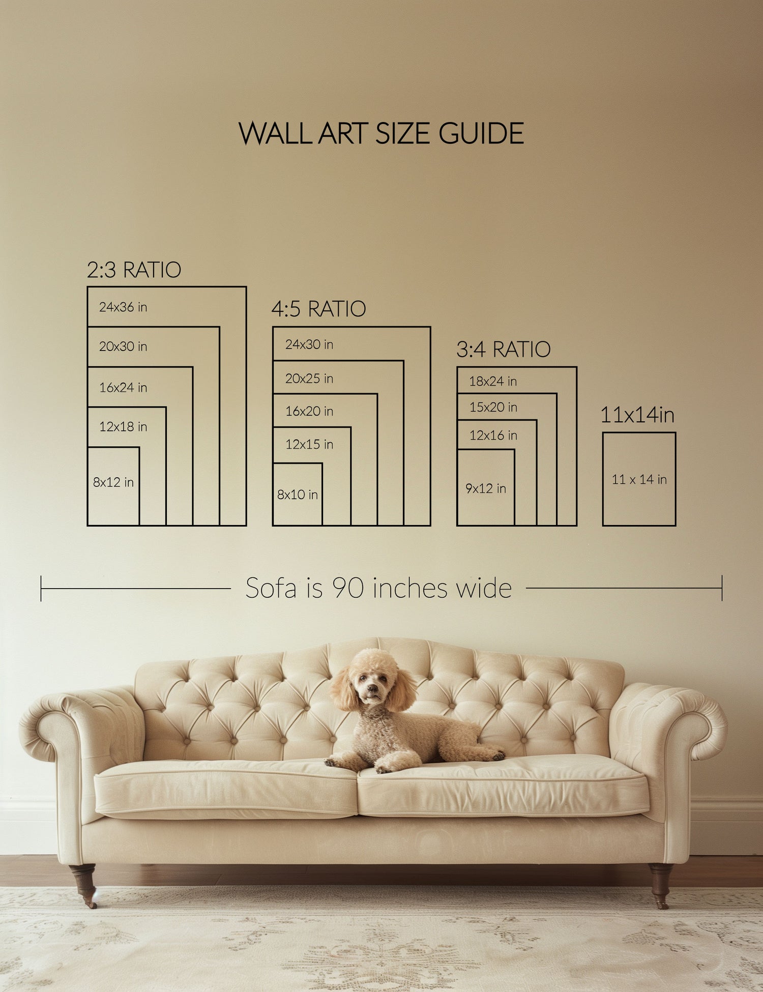 A poodle sitting on a cream traditional sofa and there is a wall art size guide on the wall 