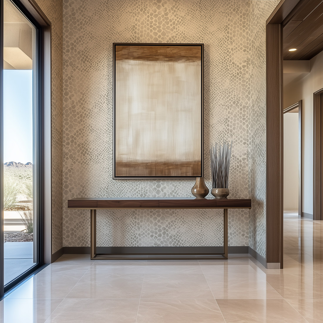 Cream snakeskin print wallpaper in a luxury Arizona home in neutral desert shades of beige and brown