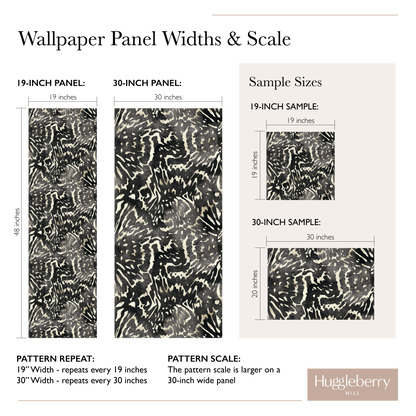 A diagram of the difference between pattern scale, sample size and panel width of 19&quot; and 30&quot; wallpaper