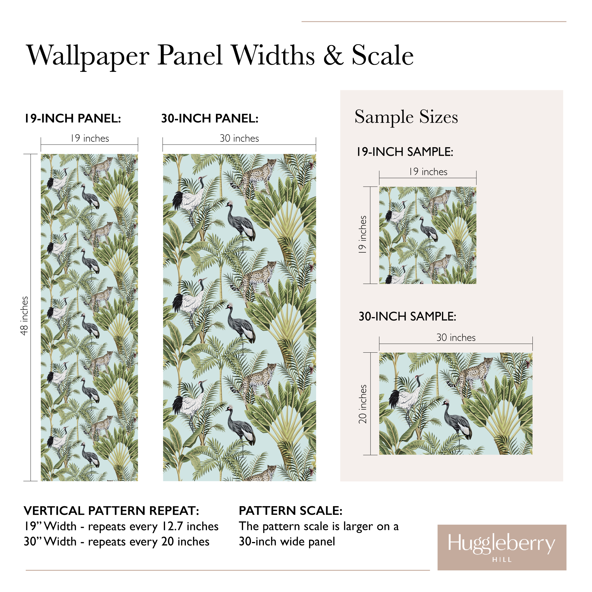 A diagram of the difference between pattern scale, sample size and panel width of 19&quot; and 30&quot; wallpaper