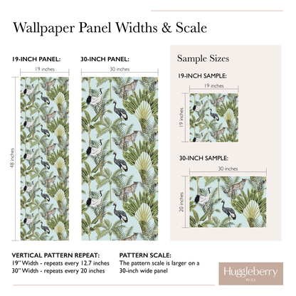 A diagram of the difference between pattern scale, sample size and panel width of 19&quot; and 30&quot; wallpaper