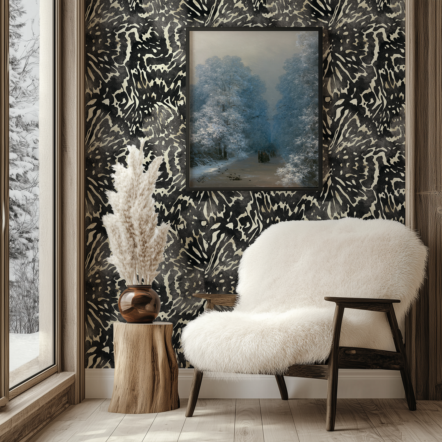 A window seating area in a mountain lodge with a tribal burst wallpaper and rustic fur covered chair