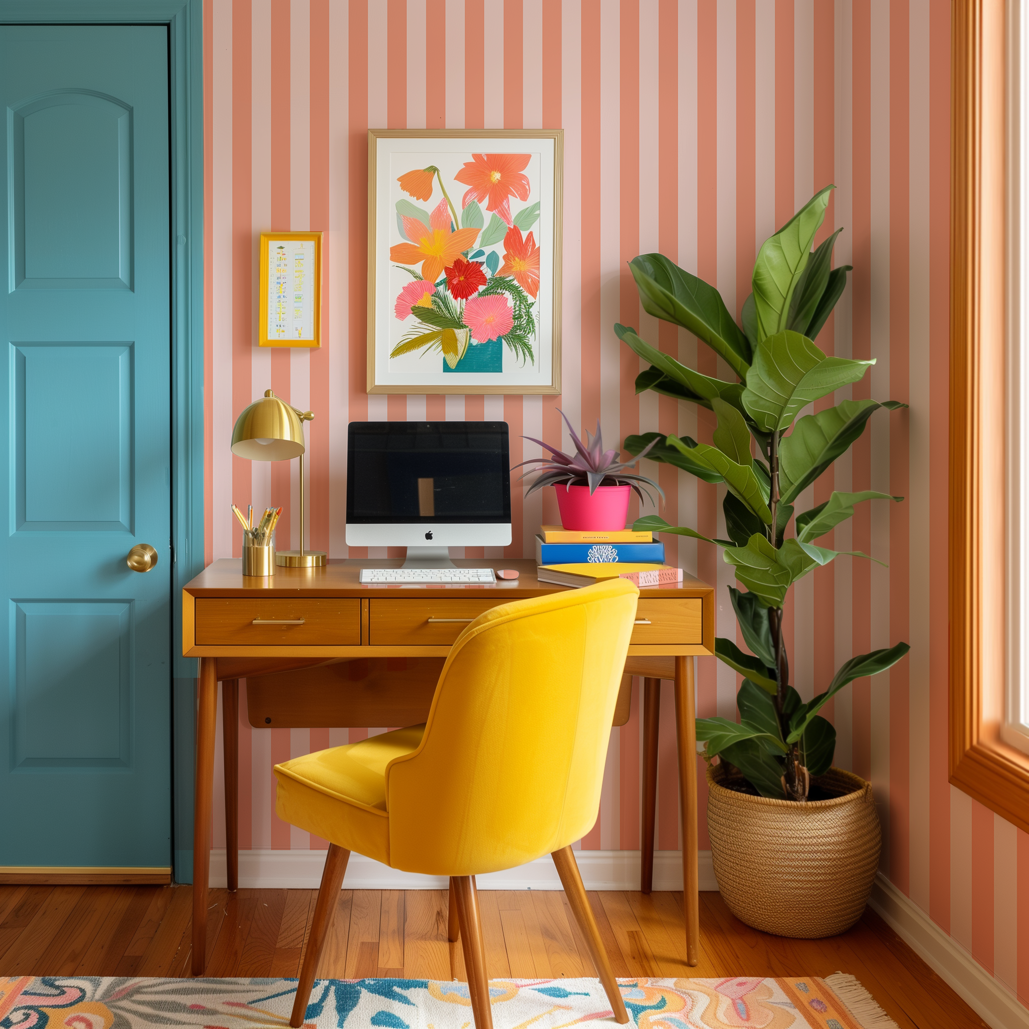 A desk in the corner of a colorful studio apartment with a blue door and peach and pink thin stripe wallpaper