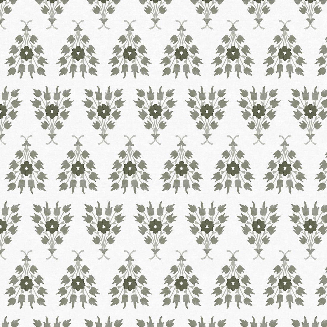 Closeup of Green floral wallpaper with tulips and tussie-mussie bouquet pattern, vintage-inspired botanical design - Huggleberry Hill