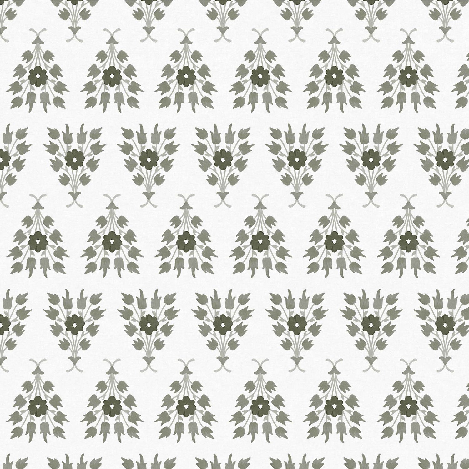 Closeup of Green floral wallpaper with tulips and tussie-mussie bouquet pattern, vintage-inspired botanical design - Huggleberry Hill