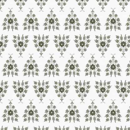Closeup of Green floral wallpaper with tulips and tussie-mussie bouquet pattern, vintage-inspired botanical design - Huggleberry Hill