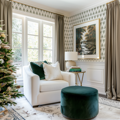 A traditional living room at Christmas time with hand painted green  flower posie wallpaper 