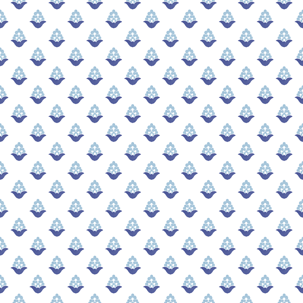 Blooming Verbena wallpaper in blue featuring a small-scale floral repeat with soft blue and navy motifs on a light background